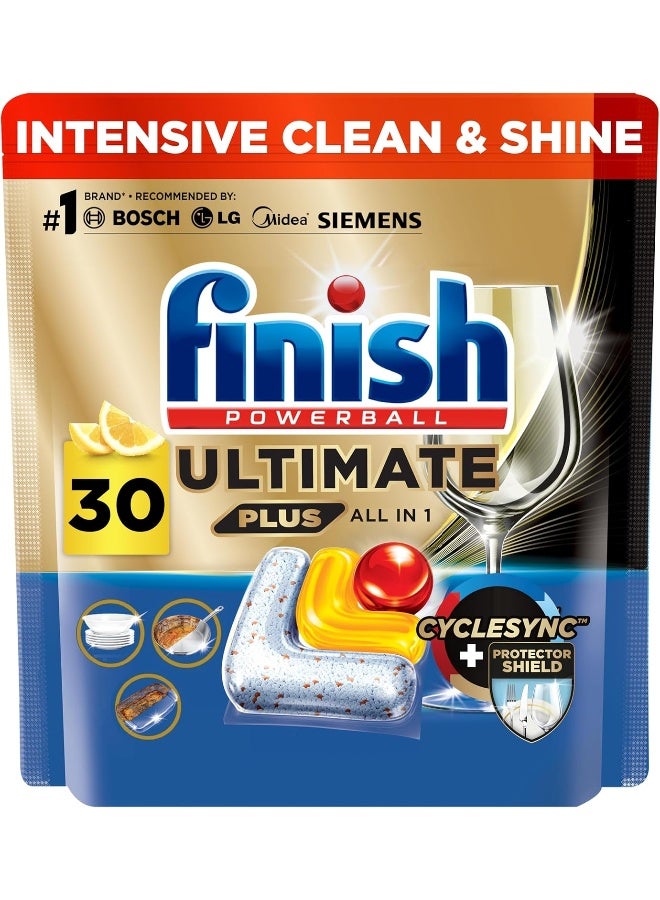 Finish Powerball Ultimate Plus, Infinity Shine Dishwasher Detergent Tablet, Lemon Fragrance, No Pre-Rinse Needed, Cyclesync & Protector Shield, 30 Tabs - Image 1