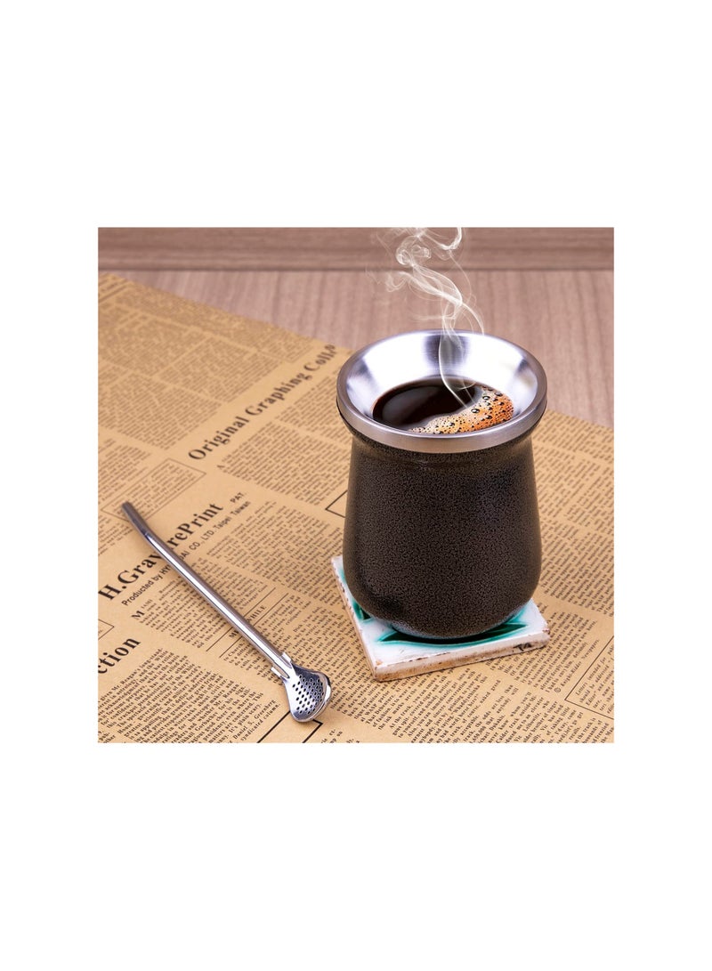 إكسفور كوب شاي يربا ماتي بسعة 8 أونصات من الفولاذ المقاوم للصدأ والرخام الأسود مزدوج الجدران سهل الغسل كوب عازل منزلي لشرب يربا ماتي يشتمل على قش بومبيلا - Image 4