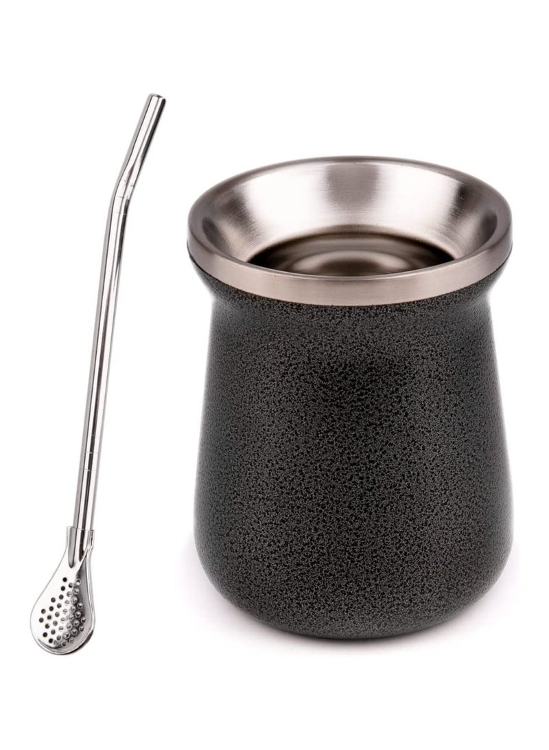 إكسفور كوب شاي يربا ماتي بسعة 8 أونصات من الفولاذ المقاوم للصدأ والرخام الأسود مزدوج الجدران سهل الغسل كوب عازل منزلي لشرب يربا ماتي يشتمل على قش بومبيلا - Image 1