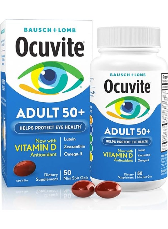 Ocuvite Eye Vitamin & Mineral Supplement, Contains Zinc, Vitamins C, E, Omega 3, Lutein, & Zeaxanthin, Bausch & Lomb Ocuvite Adult 50+ Eye Vitamin & Mineral Softgels, 50 Count (Packaging May Vary) - Image 1