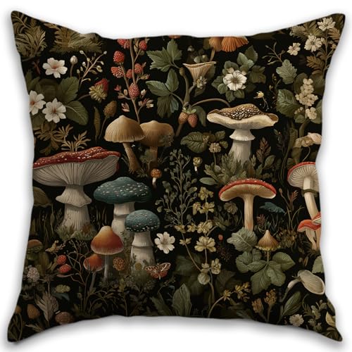 RBAFAO Vintage Mushroom Throw Pillow Cover 18x18 - Mushroom Botanical Farmhouse Decor | Indoor Outdoor Cushion Case for Sofa Couch Bed Living Room Bedroom Home (Beige-Mushroom) - Image 1