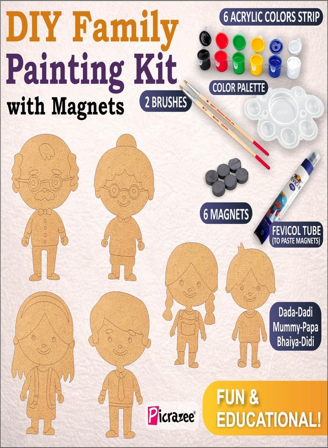 PICRAZEE DIY Family Painting Kit for Kids | 6 Pine MDF Family Cutouts (Dada-Dadi, Mummy-Papa & 2 Kids) with Acrylic Colors, Brushes, Palette & Magnets | Wooden Art & Craft Creative Activity Toy - Image 3
