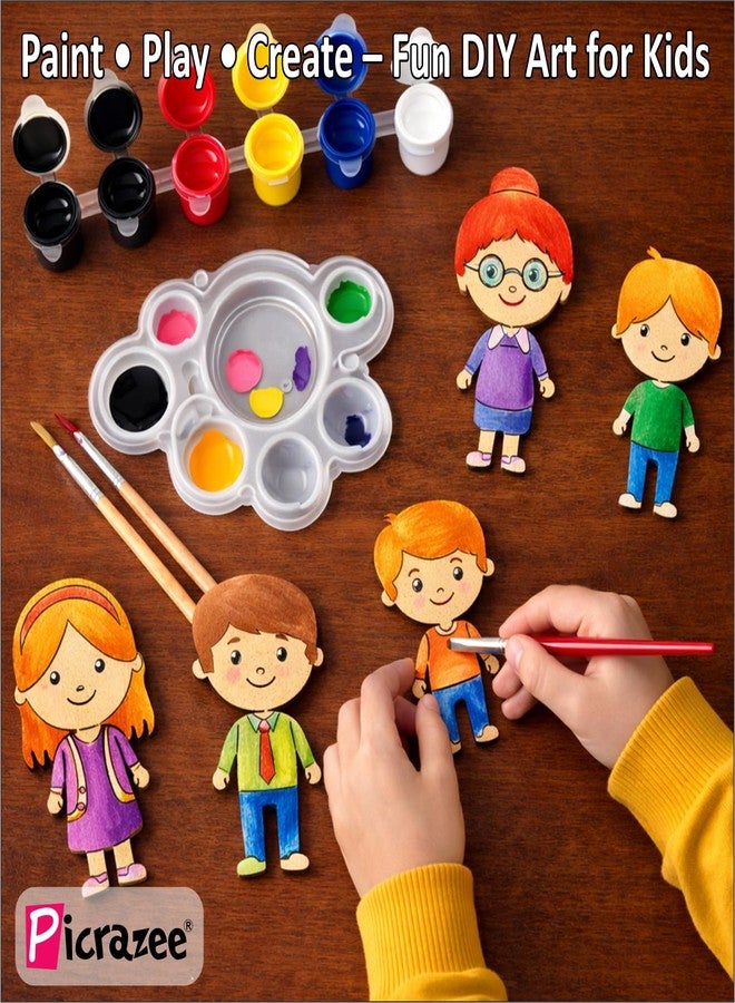 PICRAZEE DIY Family Painting Kit for Kids | 6 Pine MDF Family Cutouts (Dada-Dadi, Mummy-Papa & 2 Kids) with Acrylic Colors, Brushes, Palette & Magnets | Wooden Art & Craft Creative Activity Toy - Image 2