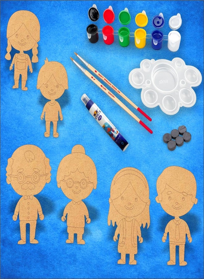 PICRAZEE DIY Family Painting Kit for Kids | 6 Pine MDF Family Cutouts (Dada-Dadi, Mummy-Papa & 2 Kids) with Acrylic Colors, Brushes, Palette & Magnets | Wooden Art & Craft Creative Activity Toy - Image 1
