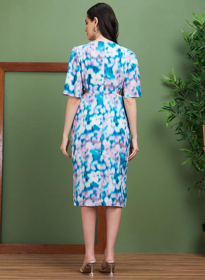 globus Women Abstract Printed V Neck Sheath Midi Dress with Cut Out - Image 3