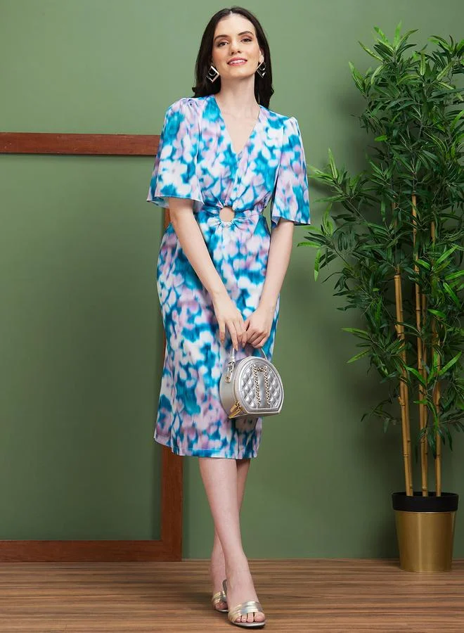جلو باص Globus Women Abstract Printed V Neck Sheath Midi Dress with Cut Out