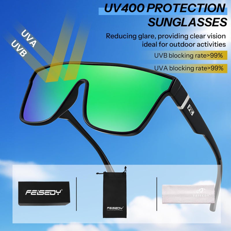 FEISEDY Sunglasses for Women Men, Fashion Mirrored Single Lens, Driving Beach Sunnies UV400 Shades B2996 Green - Image 4