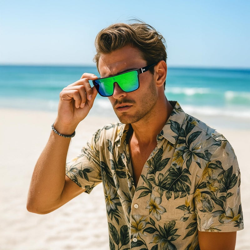 FEISEDY Sunglasses for Women Men, Fashion Mirrored Single Lens, Driving Beach Sunnies UV400 Shades B2996 Green - Image 2