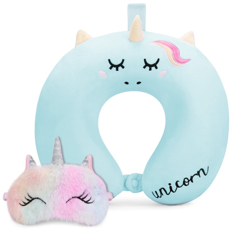 Toddler Neck Pillow Kids Travel Neck Pillow for Traveling with Eye Mask Toddler Cute Unicorn Airplane Travel Essentials Memory Foam Car Flight Sleeping Headrest for Baby Boy Girl Child Gift Blue