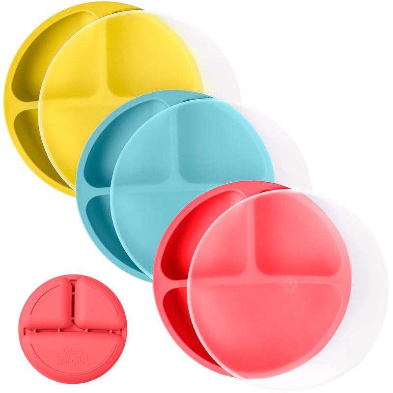 WeeSprout Silicone Plates with Lids for Babies & Toddlers (3 Pack) 100% Food-Grade Dishes for Self Feeding, Divided Design & Raised Edges for Picky Eaters, Dishwasher & Microwave Safe Weaning Supplies - Image 1