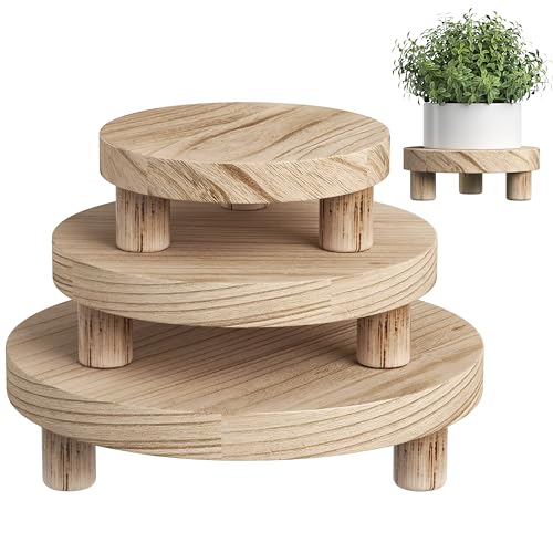 Veakoo 3 Pcs Wood Plant Stand Indoor Outdoor, Wooden Stool Display Stand 6/8/10" Round Riser Flower Pot Holder Small Planter Tray Modern Potter Decorative for Garden Desktop Home Table Counter Room, Natural - Image 1