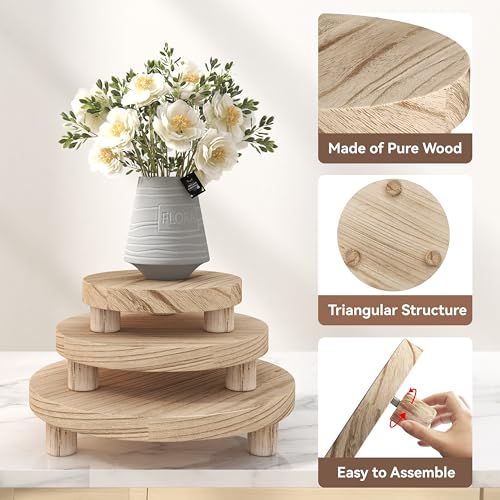 Veakoo 3 Pcs Wood Plant Stand Indoor Outdoor, Wooden Stool Display Stand 6/8/10" Round Riser Flower Pot Holder Small Planter Tray Modern Potter Decorative for Garden Desktop Home Table Counter Room, Natural - Image 4