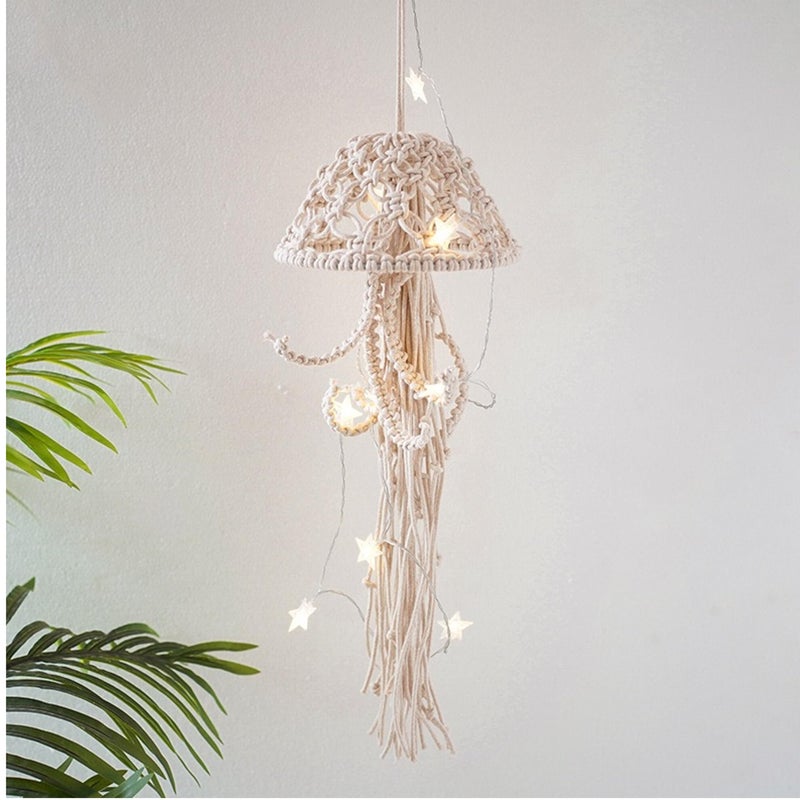 VIRFONOR Macrame Wall Hanging,Jellyfish Dream Catcher with Star Lights,Bohemian Woven Wall Art Decor Beautiful Apartment Dorm Room Door Decoration (White) - Image 1