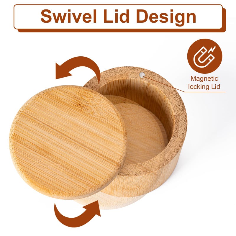Husfunov Bamboo Salt Cellar, Magnetic Swivel Lid Salt Box, Round Container for Storing Pepper Sugar Herbs, 6 Ounce Capacity - Image 3