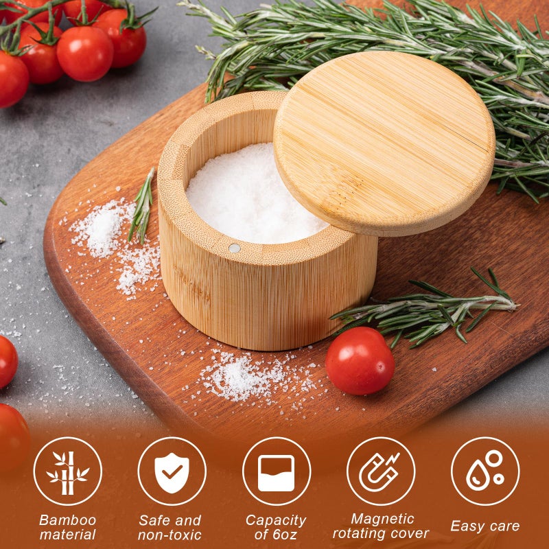 Husfunov Bamboo Salt Cellar, Magnetic Swivel Lid Salt Box, Round Container for Storing Pepper Sugar Herbs, 6 Ounce Capacity - Image 4