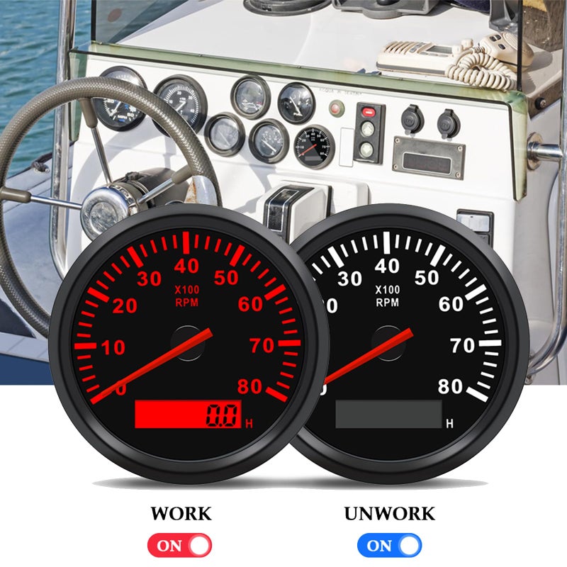 Geloo 85MM Boat RPM Tachometer - Waterproof Outboard Tachometer 0-8000RPM Tacho Meter for Car Truck Marine Diesel Gasoline Engine RPM Tacho Gauge 9-32V with LCD Hourmeter Red Backlight - Image 4