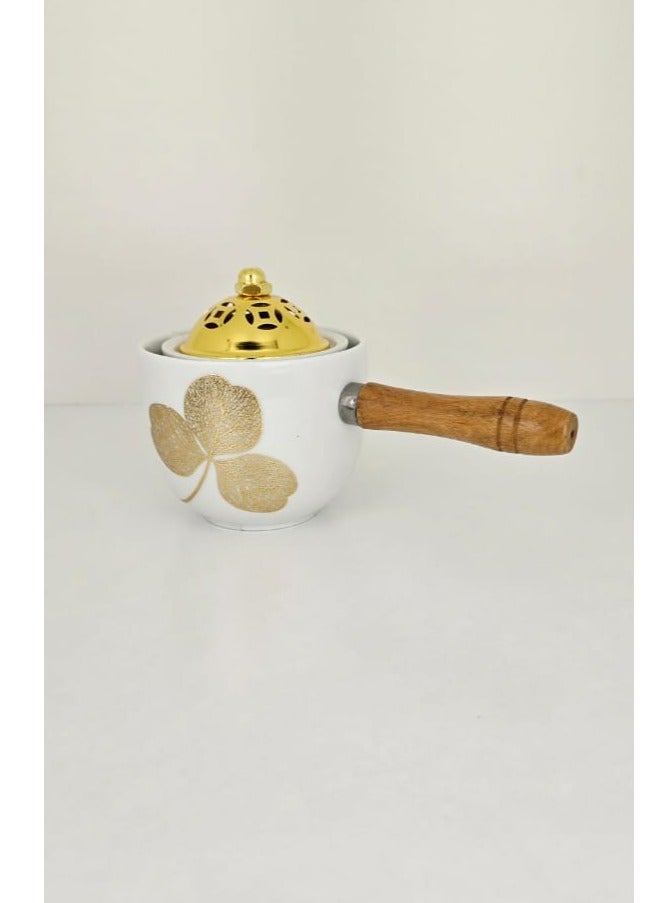 رادین موقد بخور سيراميك فاخر بمقبض خشبي وغطاء ذهبي أبيض