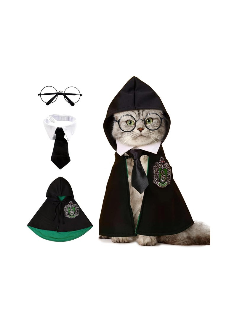 Barakah Pet Costume Harry Potter Witchcraft Style, Dog Cat Cute Halloween Costumes Cape Cosplay Costume Set, Wizard Pet Clothes Apparel Soft Hoodies with Glasses Neckties, Green (Small Size) - Image 1