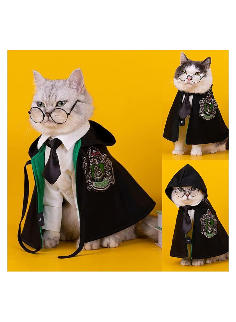 Barakah Pet Costume Harry Potter Witchcraft Style, Dog Cat Cute Halloween Costumes Cape Cosplay Costume Set, Wizard Pet Clothes Apparel Soft Hoodies with Glasses Neckties, Green (Small Size) - Image 2