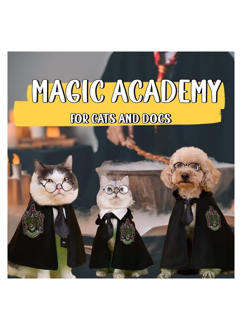 Barakah Pet Costume Harry Potter Witchcraft Style, Dog Cat Cute Halloween Costumes Cape Cosplay Costume Set, Wizard Pet Clothes Apparel Soft Hoodies with Glasses Neckties, Green (Small Size) - Image 3