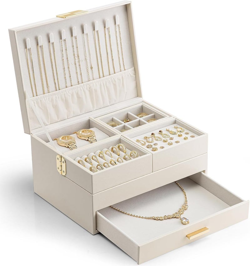 VLANDO 3 Layer Jewelry Box - Elegant Jewelry Organizer with Retractable Tray for Necklaces, Rings, Bracelets, and Earrings - Cloud White - Image 1