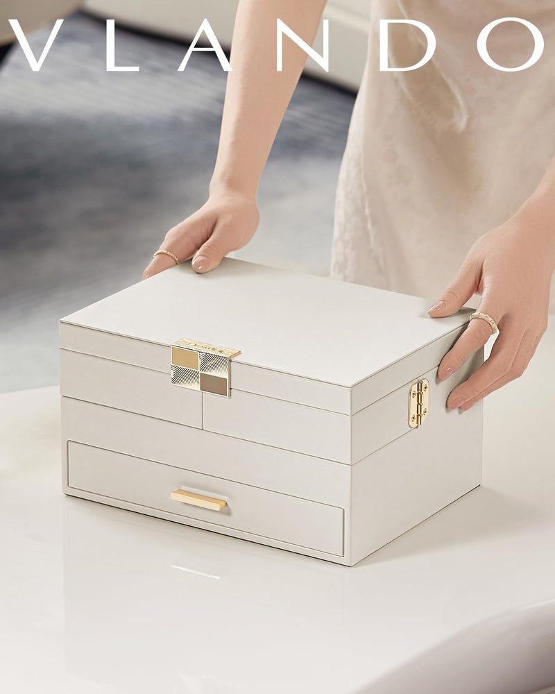 VLANDO 3 Layer Jewelry Box - Elegant Jewelry Organizer with Retractable Tray for Necklaces, Rings, Bracelets, and Earrings - Cloud White - Image 2