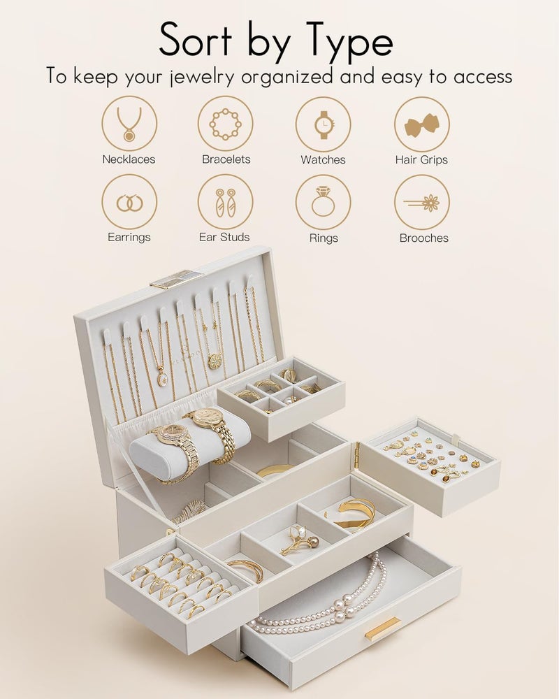 VLANDO 3 Layer Jewelry Box - Elegant Jewelry Organizer with Retractable Tray for Necklaces, Rings, Bracelets, and Earrings - Cloud White - Image 4