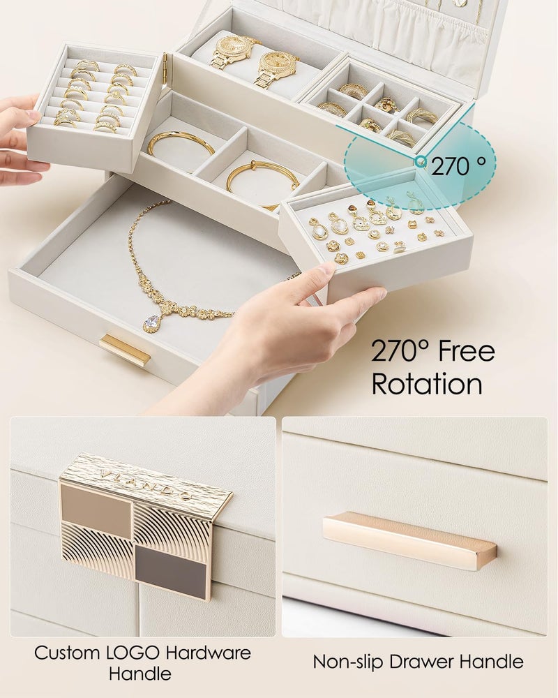 VLANDO 3 Layer Jewelry Box - Elegant Jewelry Organizer with Retractable Tray for Necklaces, Rings, Bracelets, and Earrings - Cloud White - Image 5