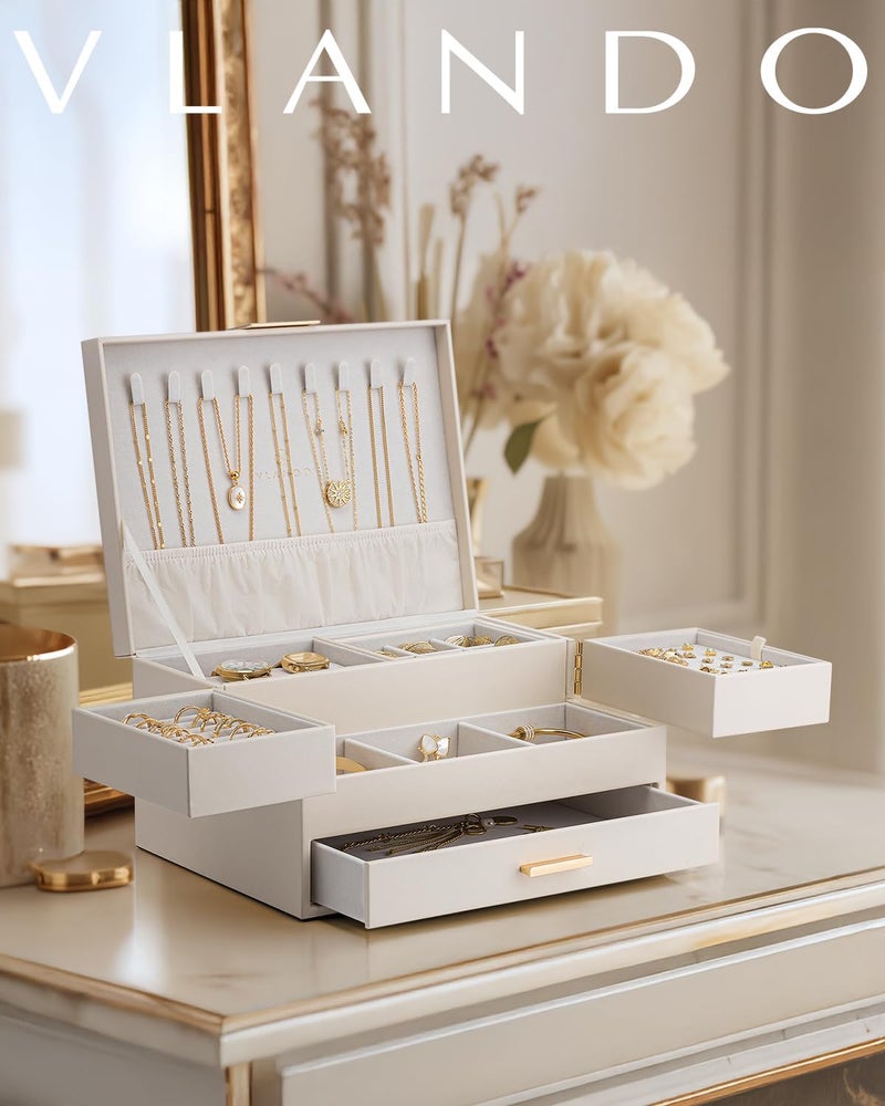 VLANDO 3 Layer Jewelry Box - Elegant Jewelry Organizer with Retractable Tray for Necklaces, Rings, Bracelets, and Earrings - Cloud White - Image 3