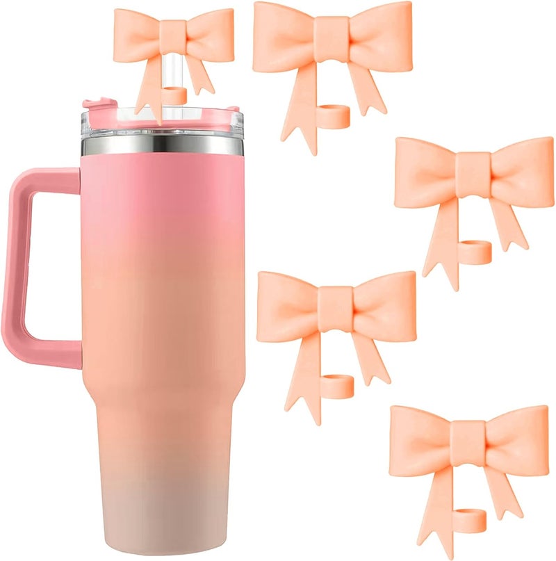 Hpebl 4Pcs Silicone Straw Toppers Covers for Stanley Cups 40/30oz 10mm(0.4in) Orange Pink Dust-Proof Bow Straw Covers Toppers Suitbale for Stanley Cup Accessories Reusable Straws Caps - Image 1