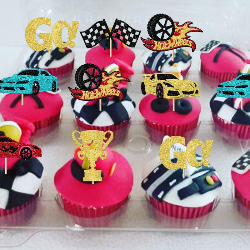 Rsstarxi Rsstarxi 24 Pack Race Car Cupcake Toppers for Birthday Party Decorations - Racing Theme Trophy Flag Wheel Picks for Baby Shower Cake Decorations - Image 3