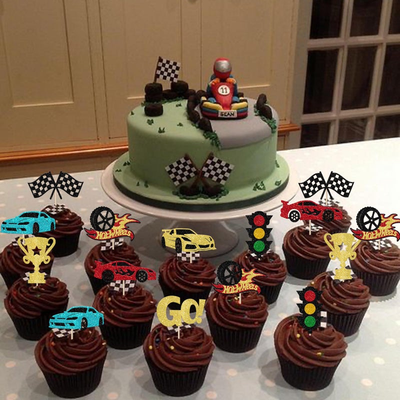 Rsstarxi Rsstarxi 24 Pack Race Car Cupcake Toppers for Birthday Party Decorations - Racing Theme Trophy Flag Wheel Picks for Baby Shower Cake Decorations - Image 4