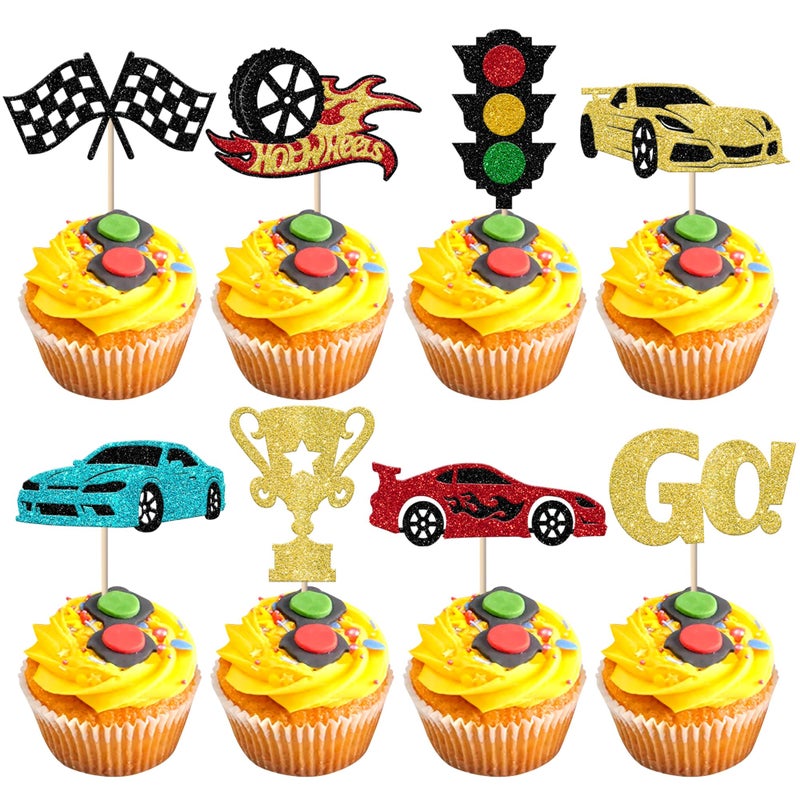 Rsstarxi Rsstarxi 24 Pack Race Car Cupcake Toppers for Birthday Party Decorations - Racing Theme Trophy Flag Wheel Picks for Baby Shower Cake Decorations - Image 1