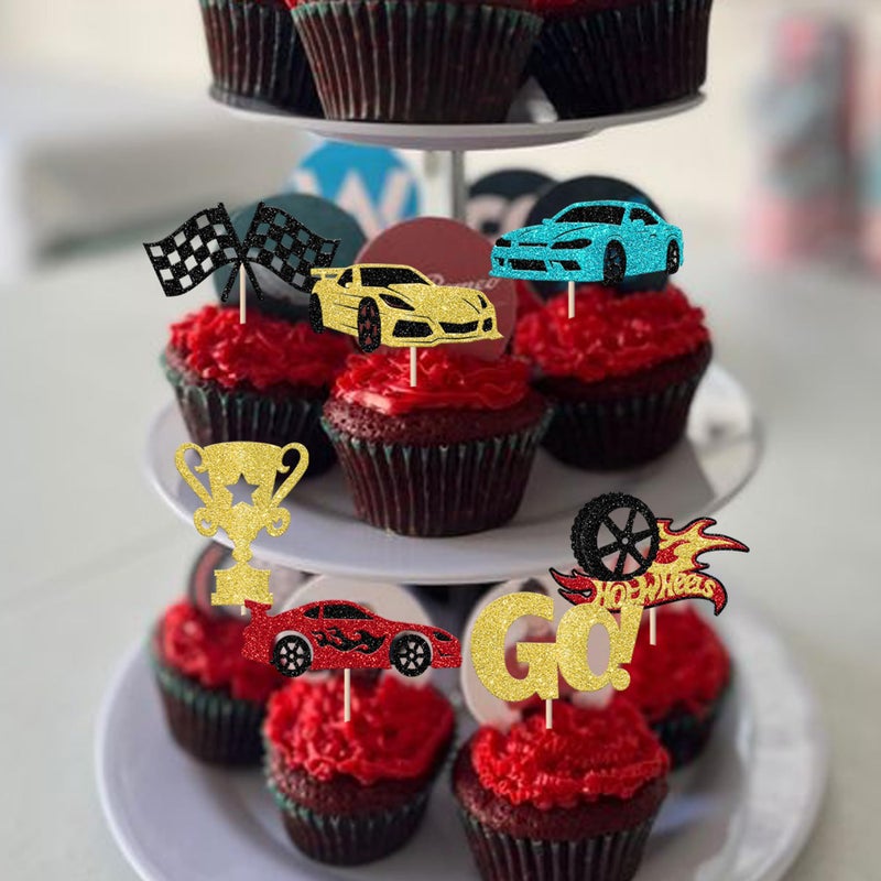 Rsstarxi Rsstarxi 24 Pack Race Car Cupcake Toppers for Birthday Party Decorations - Racing Theme Trophy Flag Wheel Picks for Baby Shower Cake Decorations - Image 5