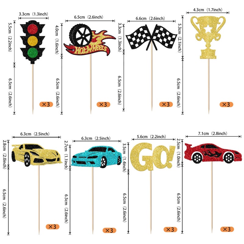 Rsstarxi Rsstarxi 24 Pack Race Car Cupcake Toppers for Birthday Party Decorations - Racing Theme Trophy Flag Wheel Picks for Baby Shower Cake Decorations - Image 2