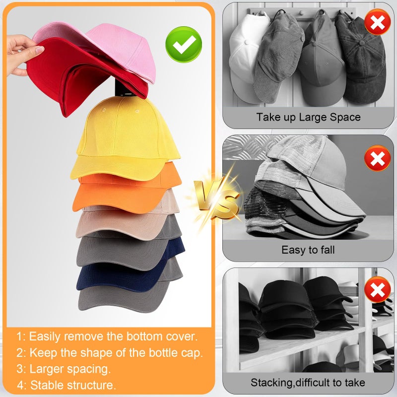 Fododo 2 Pack Hat Organizer for Baseball Caps, Hat Rack for Wall Hold Up 16 Hats, Strong Adhesive & Screw-in Cap Holder hat hangers for Closet Door & Bedroom - Image 5