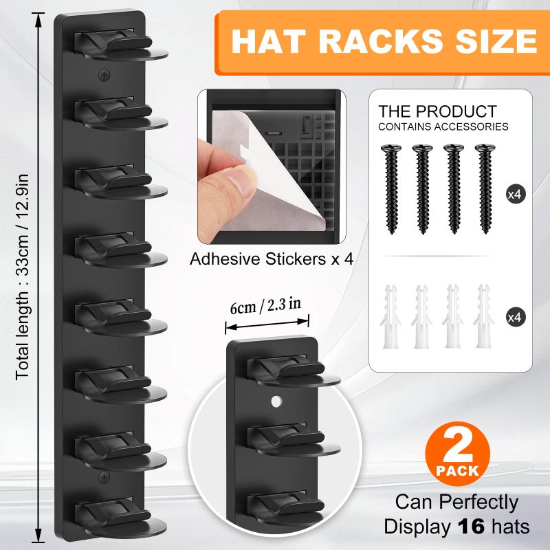 Fododo 2 Pack Hat Organizer for Baseball Caps, Hat Rack for Wall Hold Up 16 Hats, Strong Adhesive & Screw-in Cap Holder hat hangers for Closet Door & Bedroom - Image 2