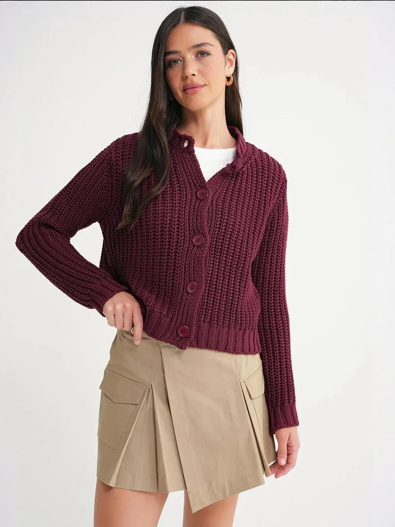 MixRay Burgundy Red Mixray Textured Ribbed Knit Cardigan with Buttons for Women | Best Price UAE
