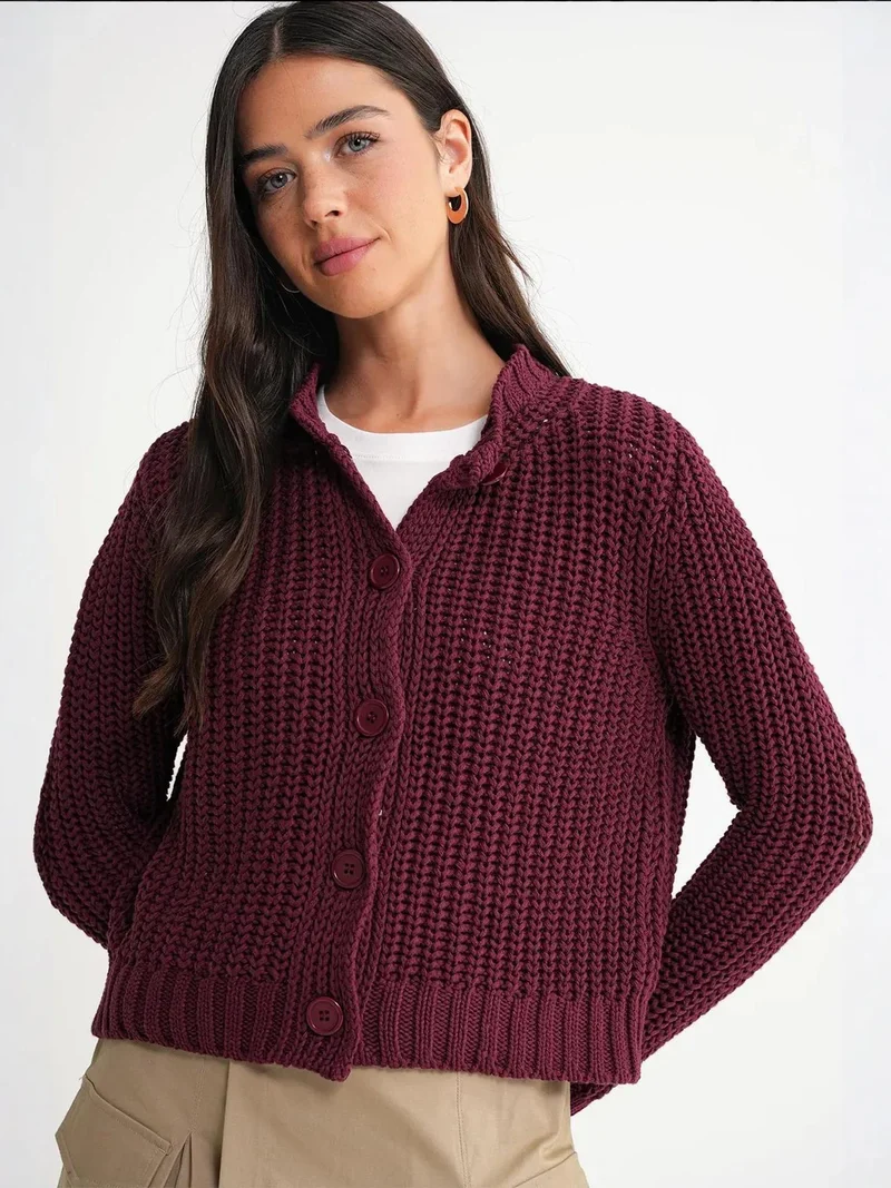 MixRay Burgundy Red Mixray Textured Ribbed Knit Cardigan with Buttons for Women | Best Price UAE