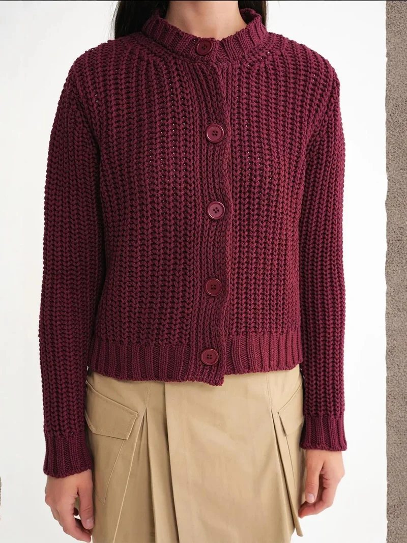 MixRay Burgundy Red Mixray Textured Ribbed Knit Cardigan with Buttons for Women | Best Price UAE