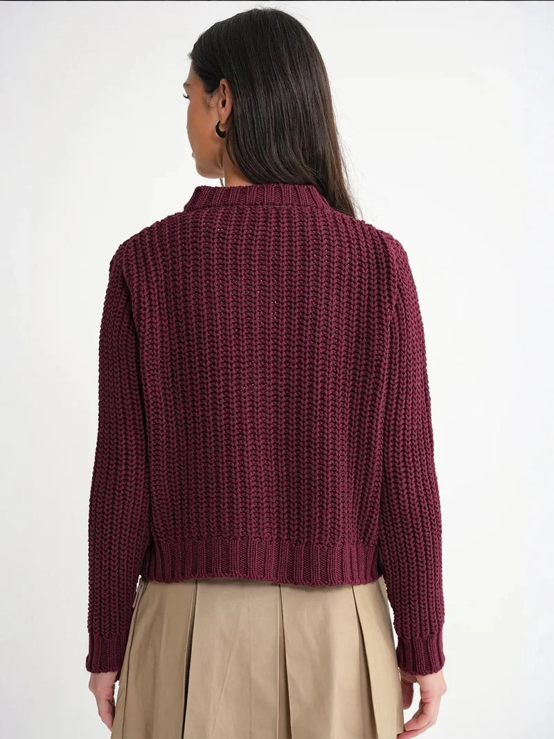 MixRay Burgundy Red Mixray Textured Ribbed Knit Cardigan with Buttons for Women | Best Price UAE