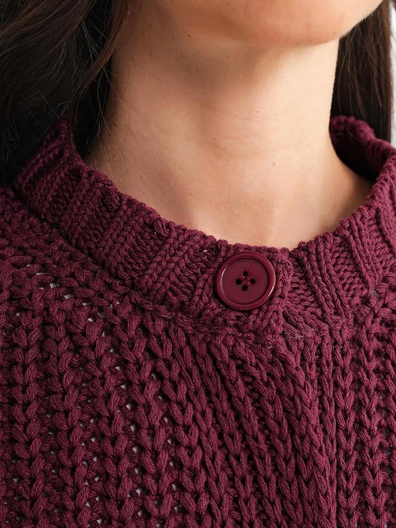 MixRay Burgundy Red Mixray Textured Ribbed Knit Cardigan with Buttons for Women | Best Price UAE