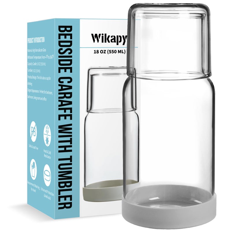 Wikapy Bedside Water Carafe and Glass Set With Silicone Coaster for Nightstand, Bedroom, 18 OZ Clear Mouthwash Dispenser for Bathroom - Image 1