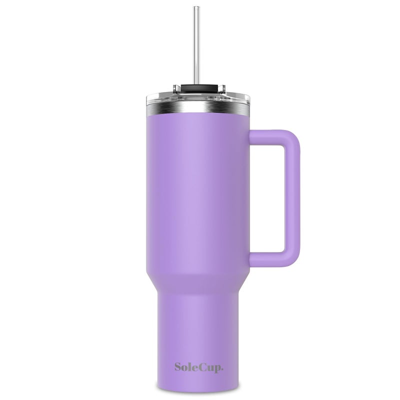 SoleCup 40oz Travel Mug with Handle Lid and Two Straws Drinks Stay Hot for 8 Hours Cold for 24 Hours Double Wall Vacuum Insulated Stainless Steel Tumbler Violet 40oz