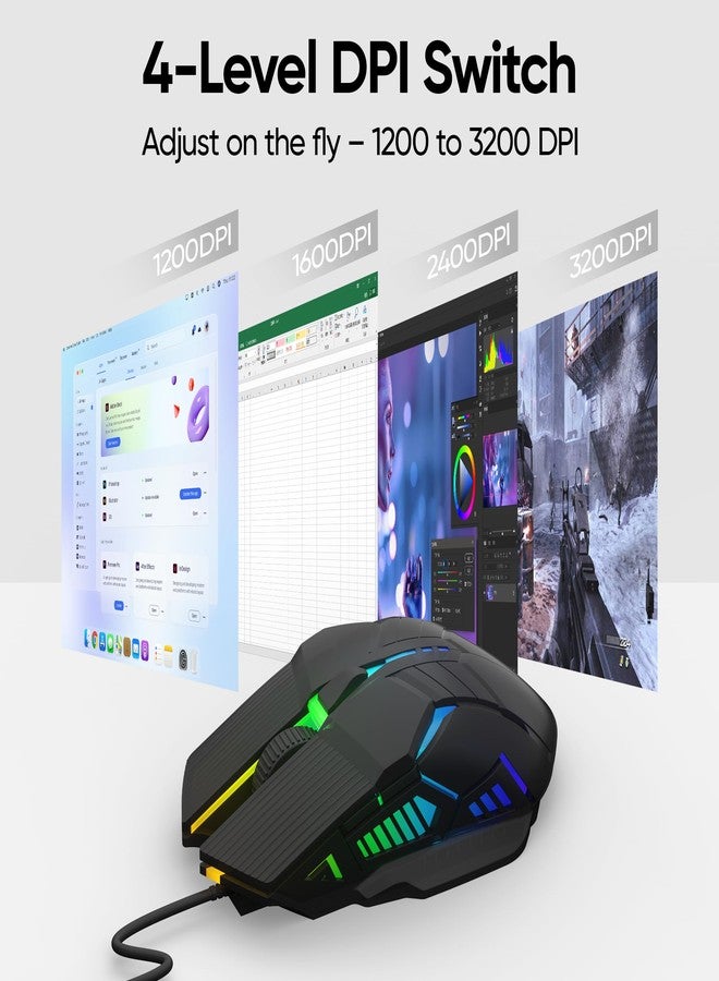 MELOGAGA Wired Gaming Mouse - Lightweight USB Optical Computer Mice with 7-Color RGB LED Lights, 4 Adjustable DPI (1200-3200), 6 Buttons, Ergonomic Design for Windows 7/8/10/XP/Vista & Linux (Black) - Image 3