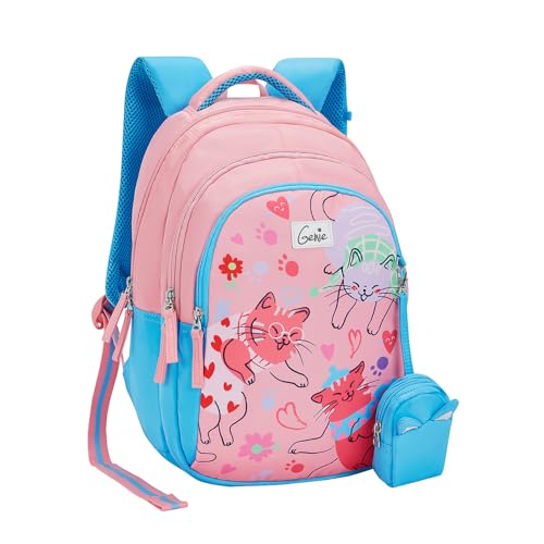 Genie Purrfect School Backpack for Girls |15 In-20 Ltr with Three Compartments,Side Pockets and Light Weight with Padded Shoulders |Best for Books,Stationery, Lunch Box & Essentials - Pink - Image 1