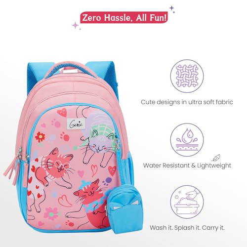 Genie Purrfect School Backpack for Girls |15 In-20 Ltr with Three Compartments,Side Pockets and Light Weight with Padded Shoulders |Best for Books,Stationery, Lunch Box & Essentials - Pink - Image 5