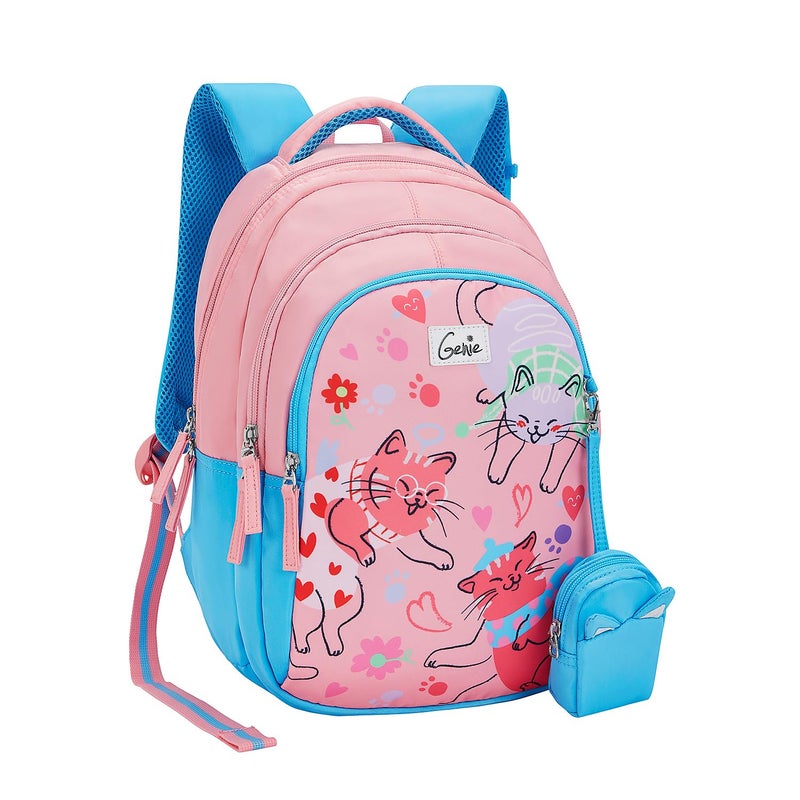 Genie Purrfect School Backpack for Girls |15 In-20 Ltr with Three Compartments,Side Pockets and Light Weight with Padded Shoulders |Best for Books,Stationery, Lunch Box & Essentials - Pink - Image 2