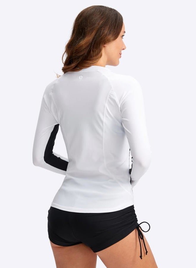 SANTINY Women's Rash Guard Zipper Pockets UPF50+ Sun Protection Long Sleeve Swimsuit Top Zip Front Swim Shirt for Women, A White, M - Image 3