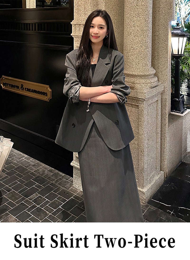 Moovant Women's 2-Piece Suit Set, Blazer and High-Waisted Maxi Skirt, Elegant Office and Casual Wear Outfit, Grey - Image 3